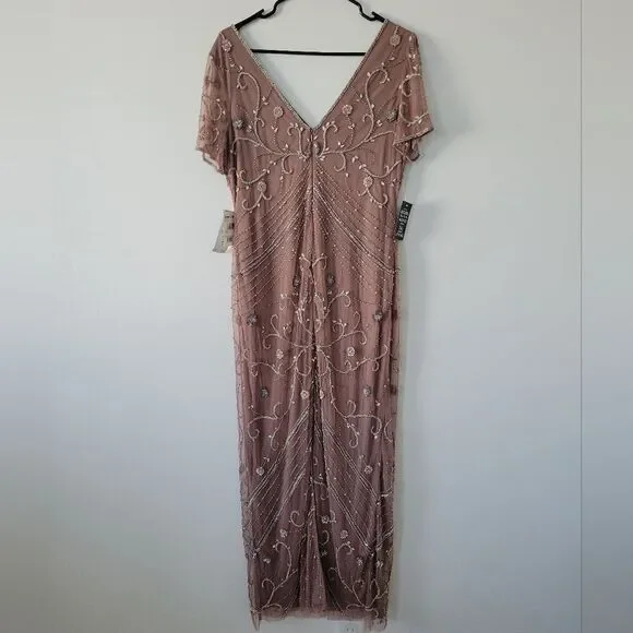 Pisarro Nights Beaded Mesh Overlay Cocktail Dress in Mauve NWT